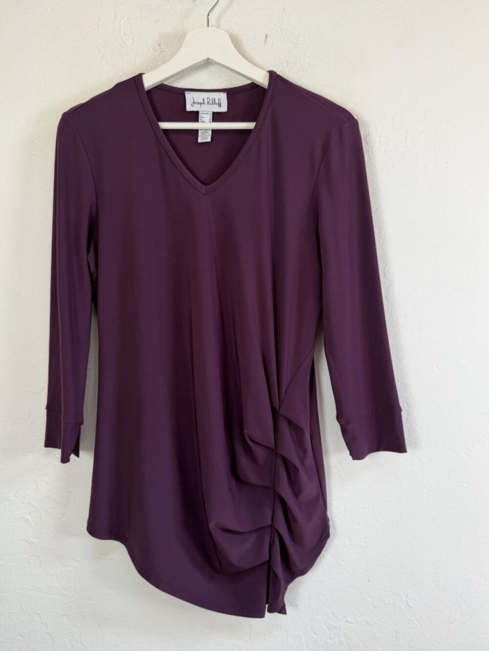 Joseph Ribkoff Womens Blouse Purple V-Neck Ruched Asymmetric Tunic Top Size 8